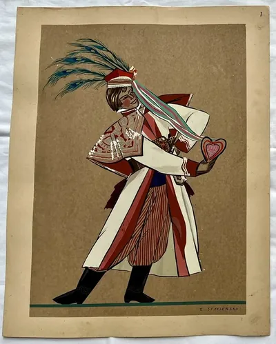 Zofia Stryjeńska, Plansza 1 — strój krakowski męski, teka «Polish Peasants Costumes», C. Szwedzicki, Nicea, 1939