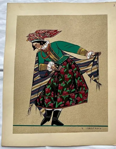 Zofia Stryjeńska, Plansza 5 — tancerka w szerokiej spódnicy, teka «Polish Peasants Costumes», C. Szwedzicki, Nicea, 1939