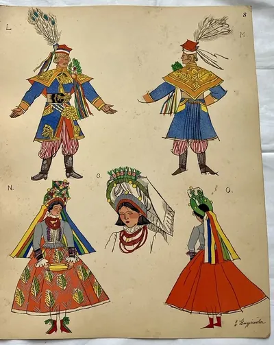 Zofia Stryjeńska, Plansza 8 — tancerze w żywych barwach, teka «Polish Peasants Costumes», C. Szwedzicki, Nicea, 1939